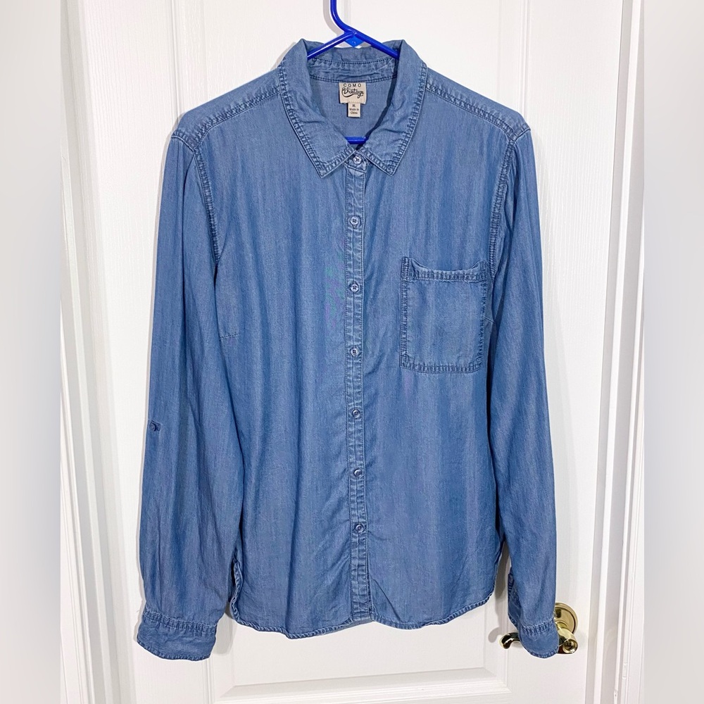 Como Vintage Chambray Roll Tab Sleeve Button Down Shirt Blue Size XL